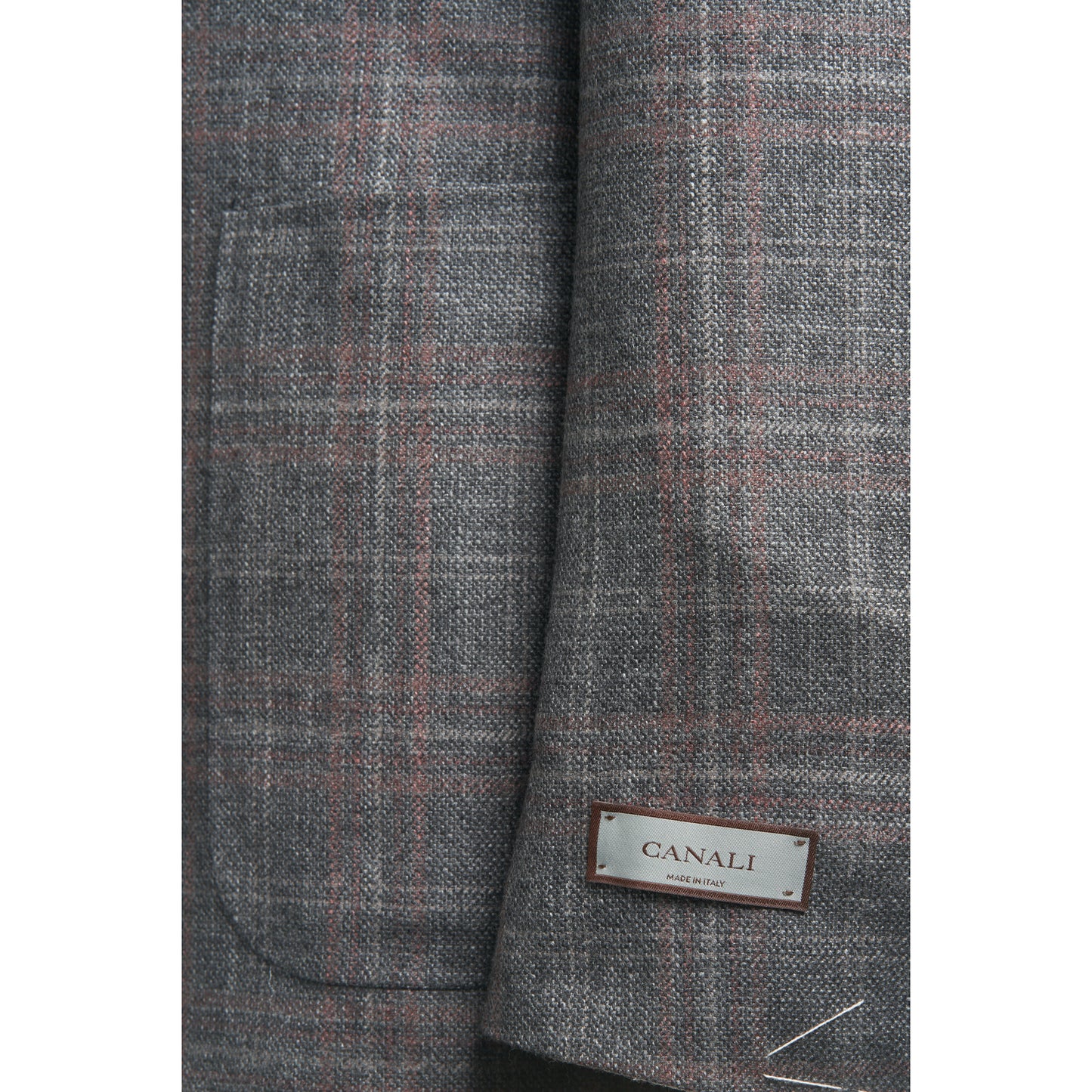 Canali Kei Model Wool, Silk & Cashmere Sport Coat in Light Grey with Coral Windowpane