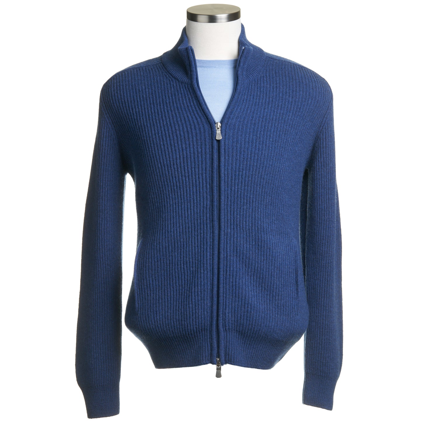 Gran Sasso Wool & Cashmere Ribbed Full Zipped Cardigan in Royal Blue
