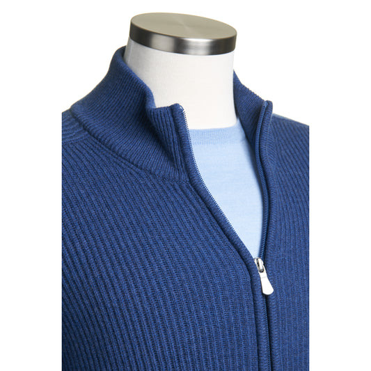 Gran Sasso Wool & Cashmere Ribbed Full Zipped Cardigan in Royal Blue