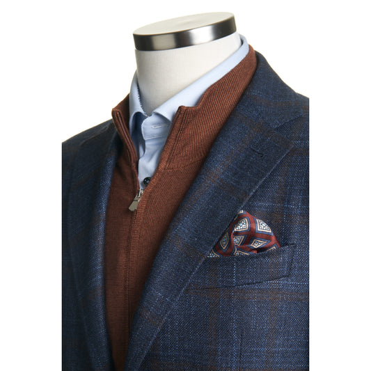 Canali Kei Model Wool, Silk & Cashmere Sport Coat in Blue with Rust Windowpane
