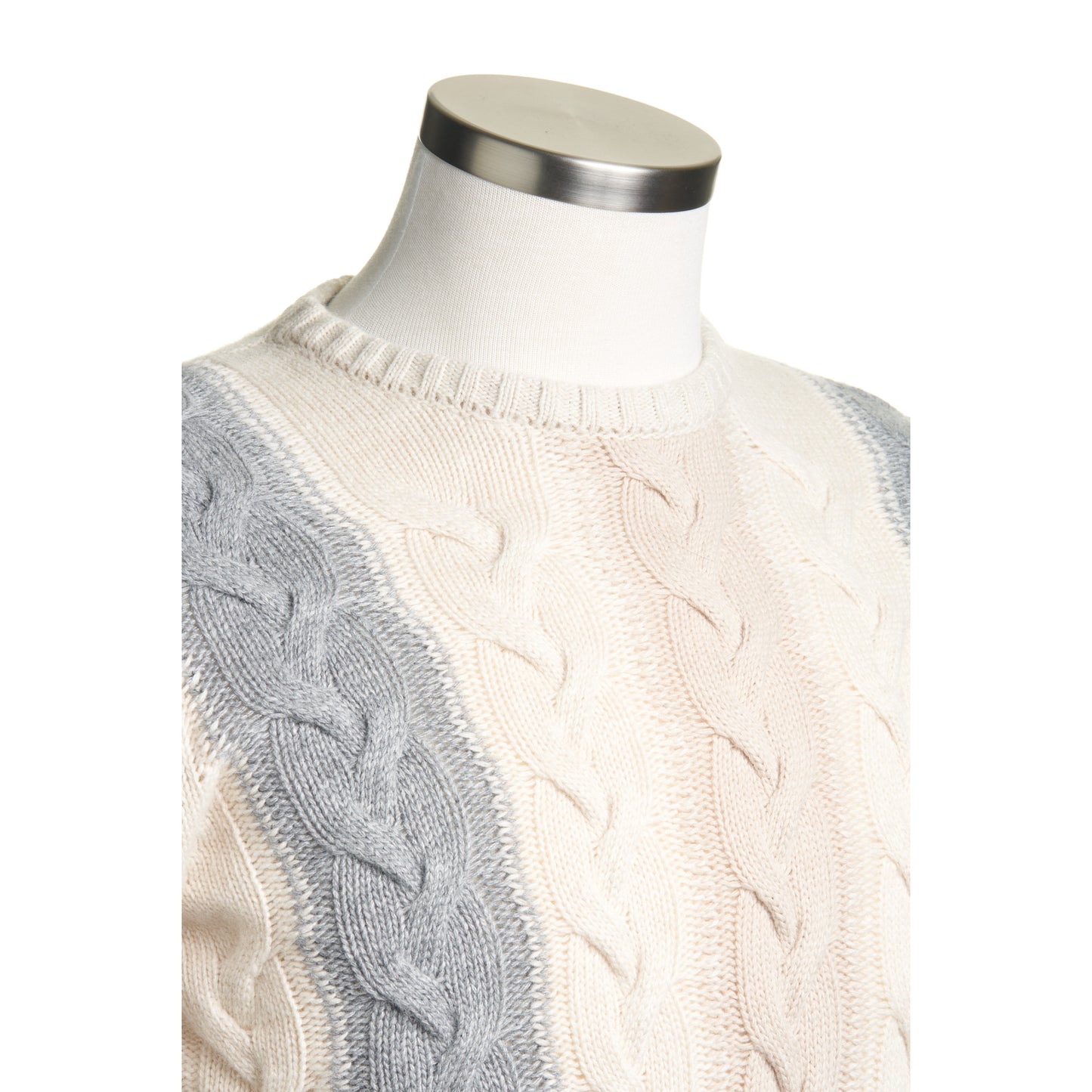 Codice Ivory Crew neck Cable Knit Sweater with Grey and Beige Details