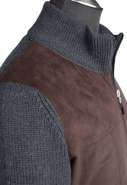 Gran Sasso Wool and Alcantara Full-Zip Sweater in Gray and Taupe