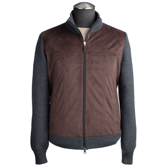 Gran Sasso Wool and Alcantara Full-Zip Sweater in Gray and Taupe