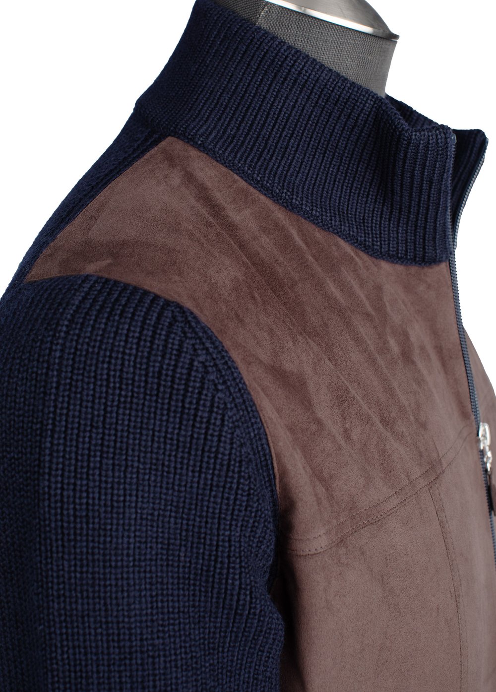 Gran Sasso Wool and Alcantara Full-Zip Sweater in Navy and Taupe