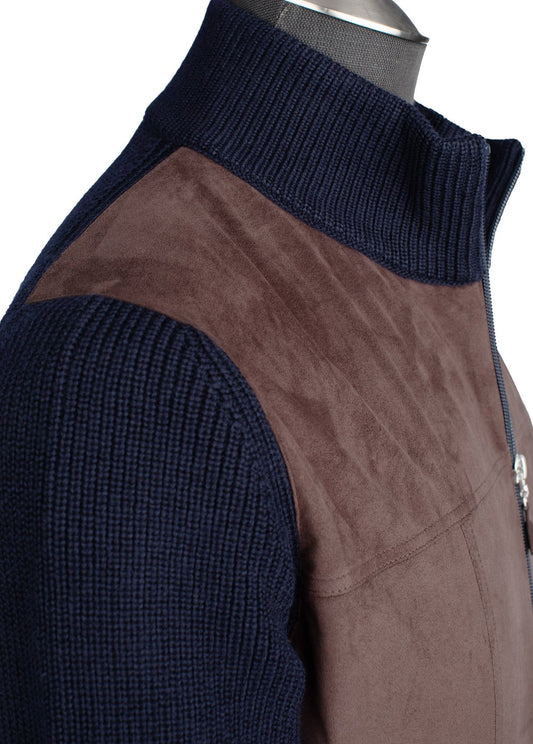 Gran Sasso Wool and Alcantara Full-Zip Jacket in Navy and Chocolate Brown