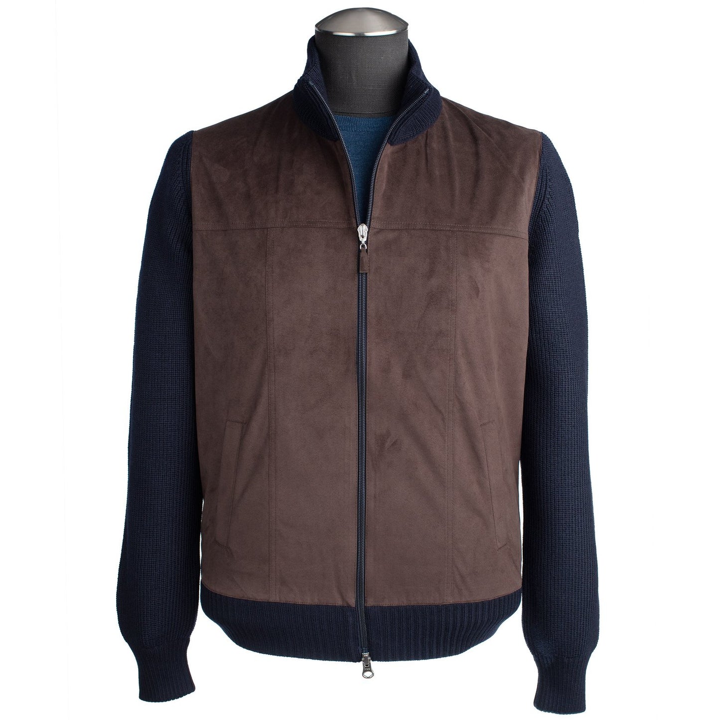 Gran Sasso Wool and Alcantara Full-Zip Sweater in Navy and Taupe