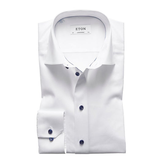 Eton Signature Twill Dress Shirt in White with Dark Blue Details