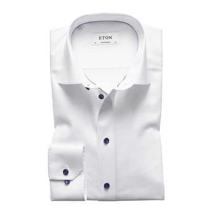 Eton Signature Twill Dress Shirt in White with Dark Blue Details