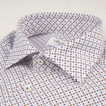Stenströms Sport Shirt in White with Rust and Navy Geometric Pattern
