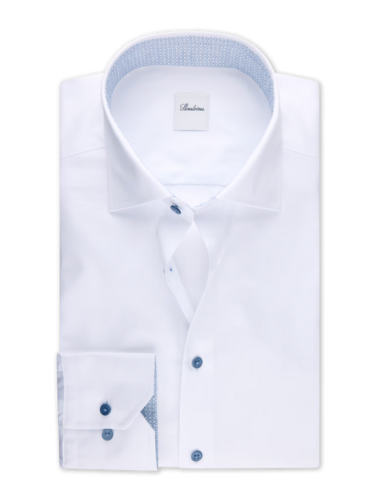 Stenströms Slim White Twill Shirt with Ocean Blue Contrast Buttons