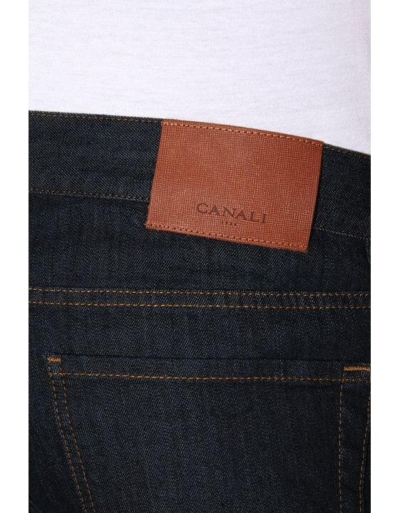 Canali Dark Wash, Five-Pocket Stretch Denim Pants in Dark Blue