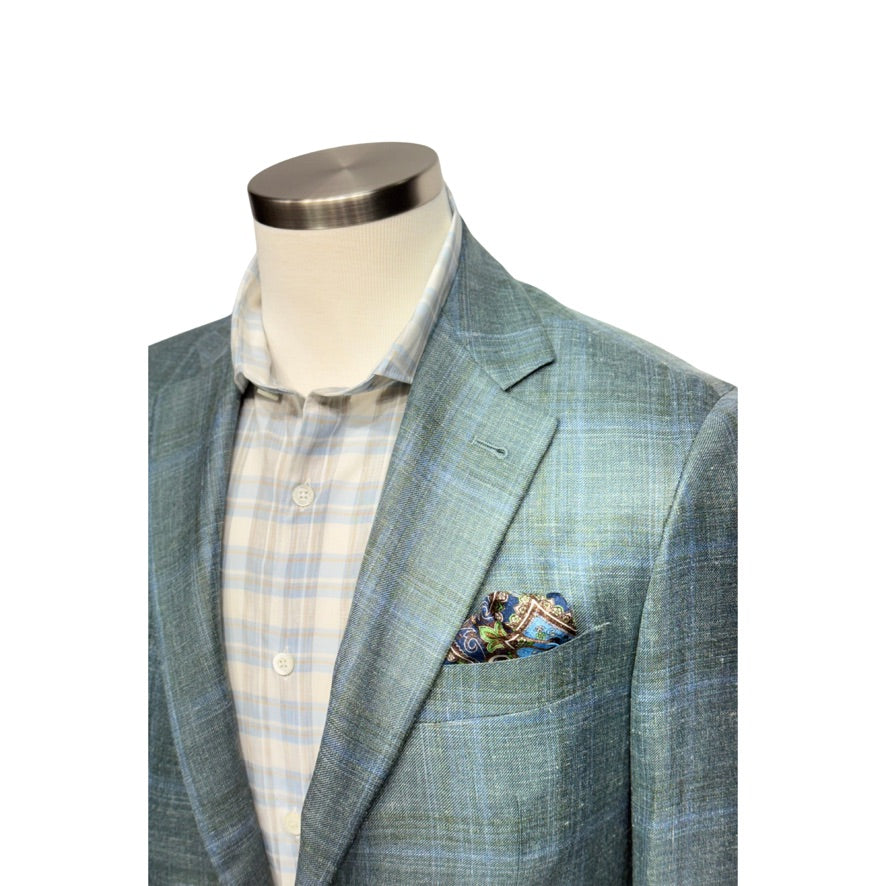 Canali Kei Model Overcheck Sport Coat in Wool, Silk, and Linen – Teal