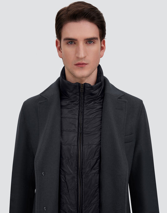 Herno Diagonal Wool Blend Topcoat with Detachable Nylon Bib in Navy