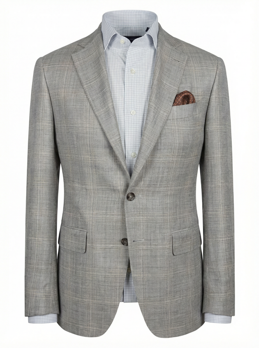 Canali Kei Model Wool, Silk & Linen Sport Coat in Taupe Toned Windowpane