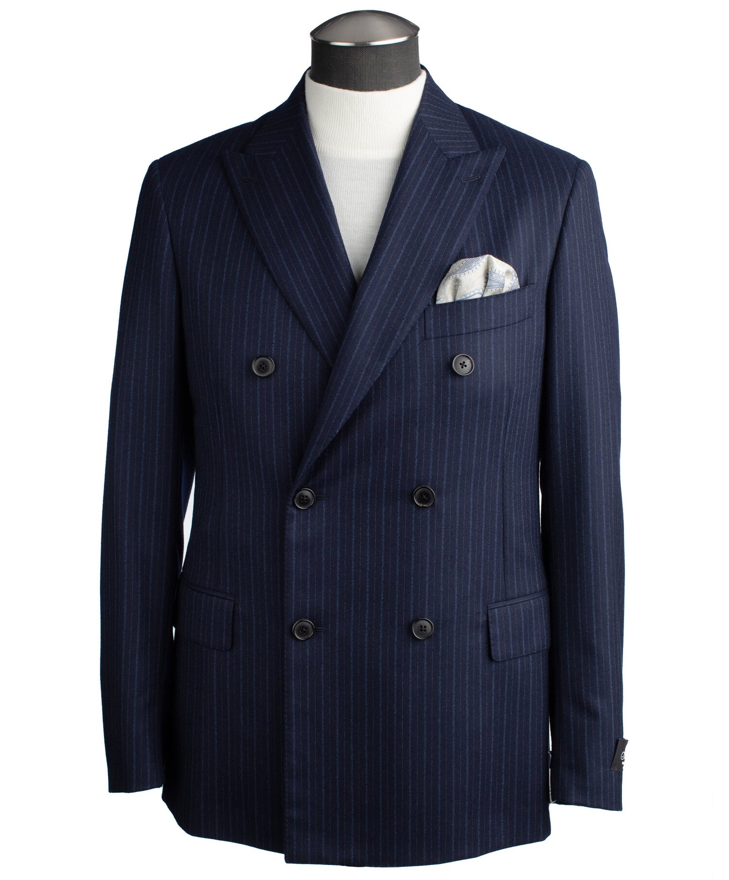 Belvest Double-Breasted Model Suit in Navy Flannel Pinstripe