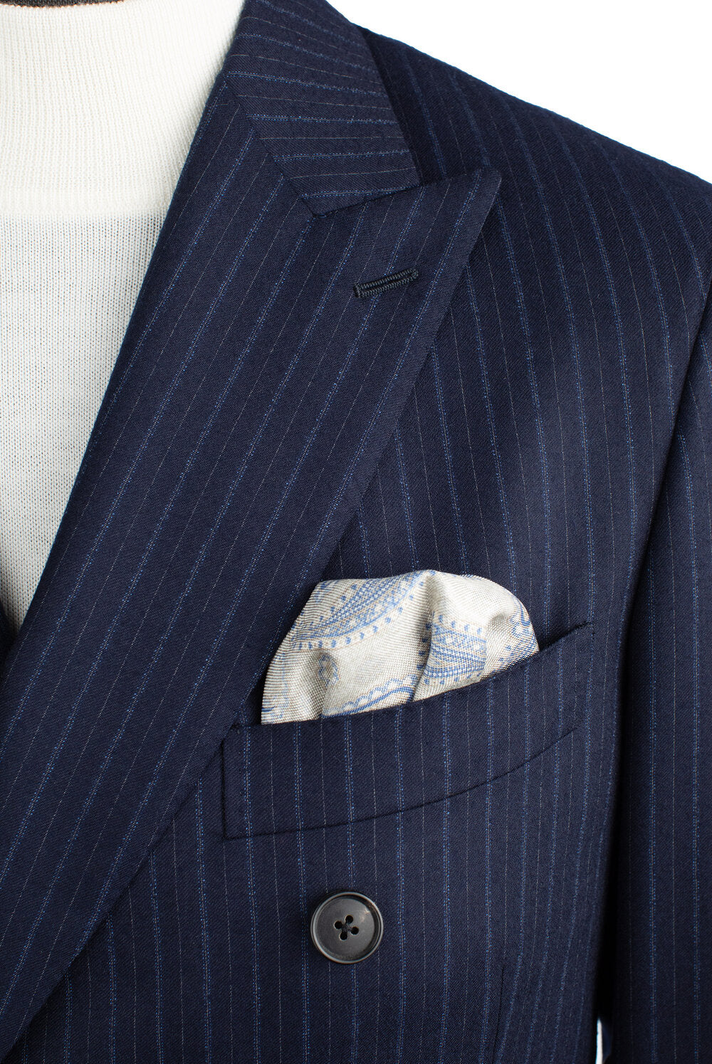 Belvest Double-Breasted Model Suit in Navy Flannel Pinstripe
