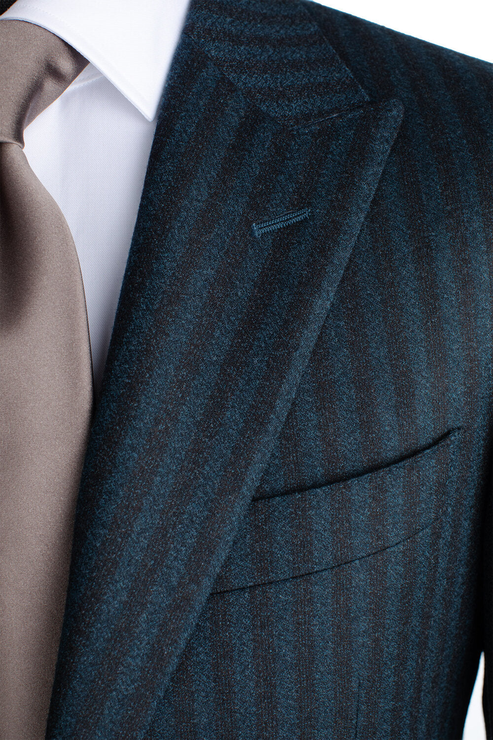 Canali Siena Model Suit with Peak Lapel in Green & Brown Pinstripe