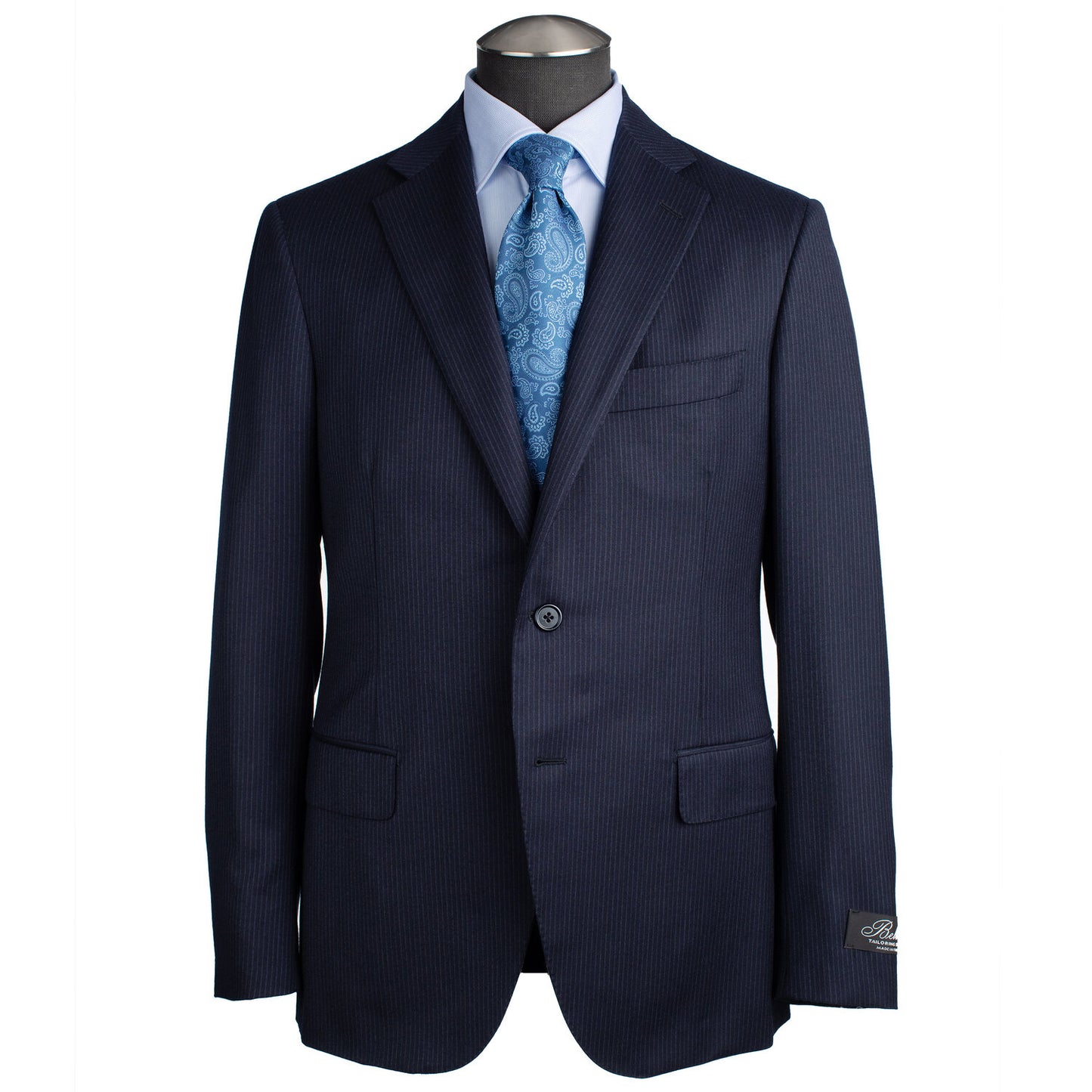 Belvest Flannel Suit in Navy Blue Pinstripes