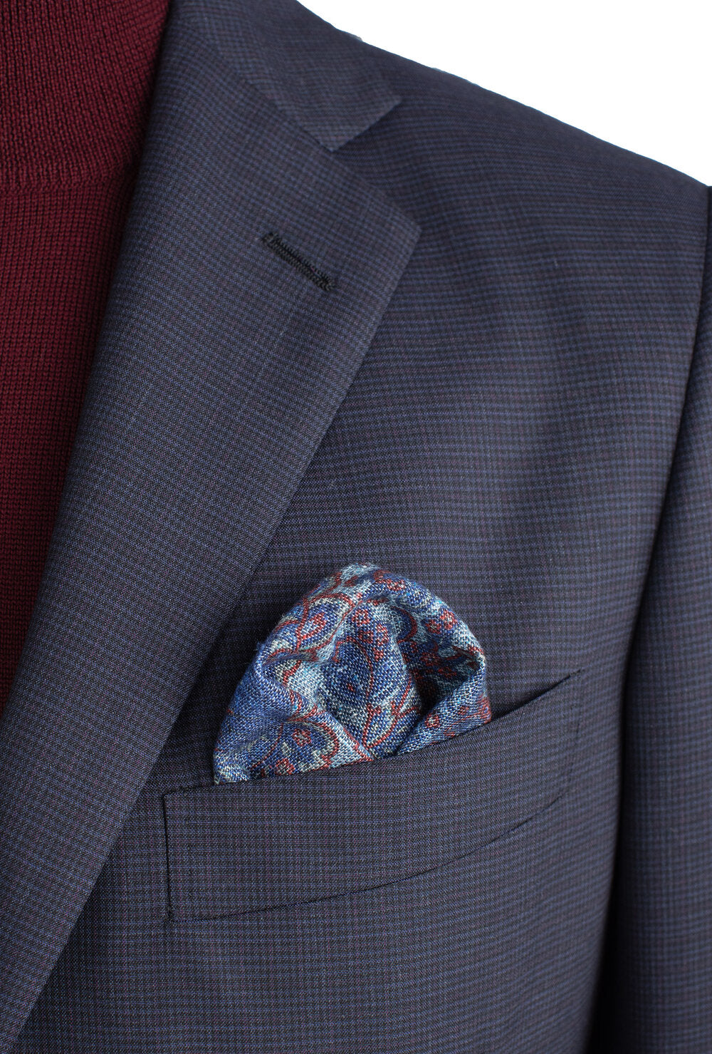 Belvest Suit in Mid Blue and Maroon Mini Check