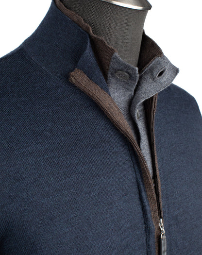 Gran Sasso Full-Zip Sweater with Buttons and Contrast in Navy