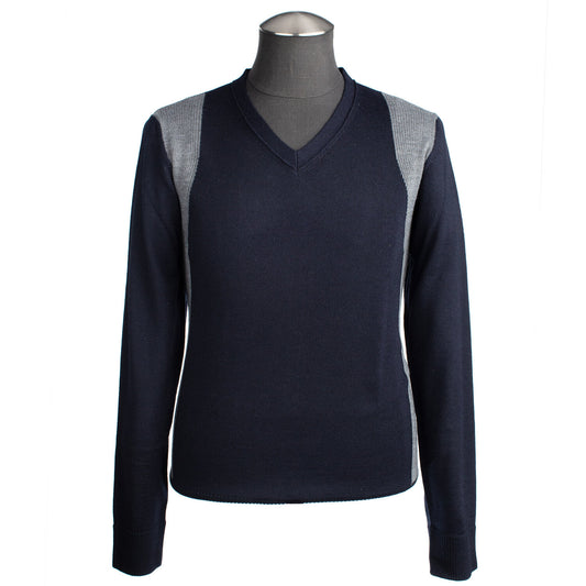 Codice Light Wool V-Neck Sweater in Navy with Gray Contrast