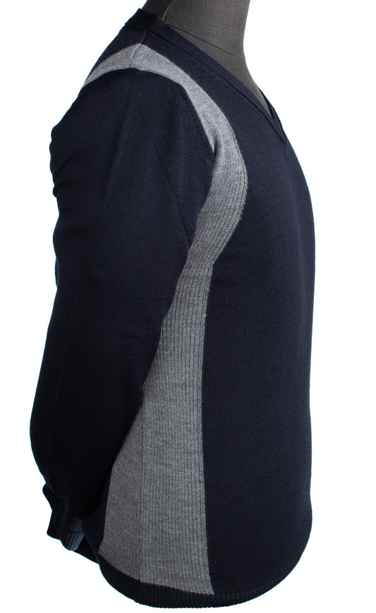 Codice Light Wool V-Neck Sweater in Navy with Gray Contrast