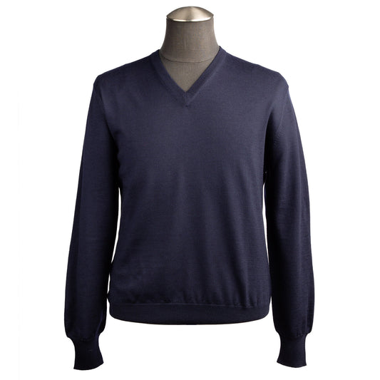 Gran Sasso Extra Fine Merino Wool V-Neck Sweater in Navy