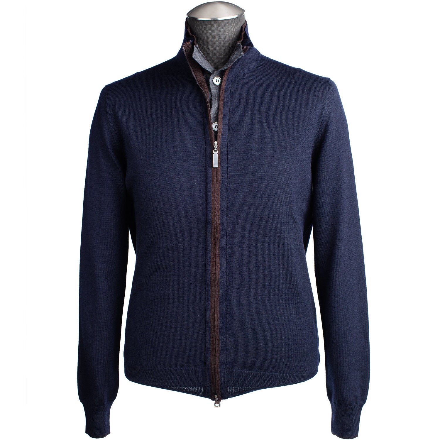 Gran Sasso Full Zip Sweater with Buttons and Contrast in Navy