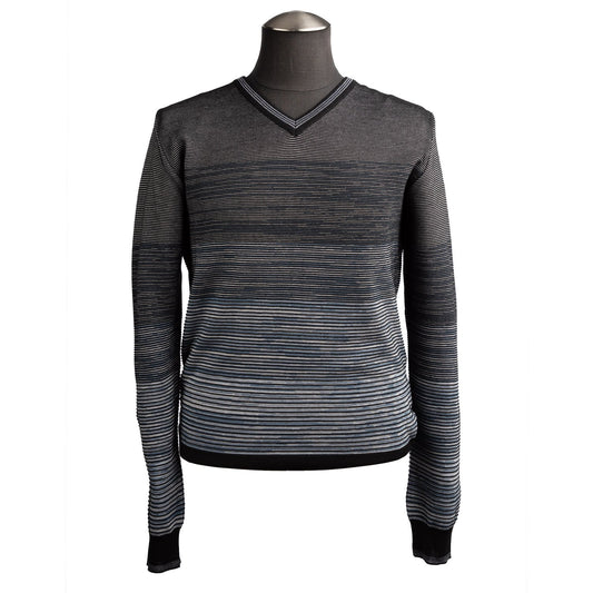 Montechiaro V-Neck Sweater in Black and Blue Stripes