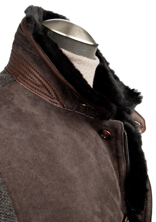Gimo's Shearling & Knit Car Coat in Espresso Brown/Grey