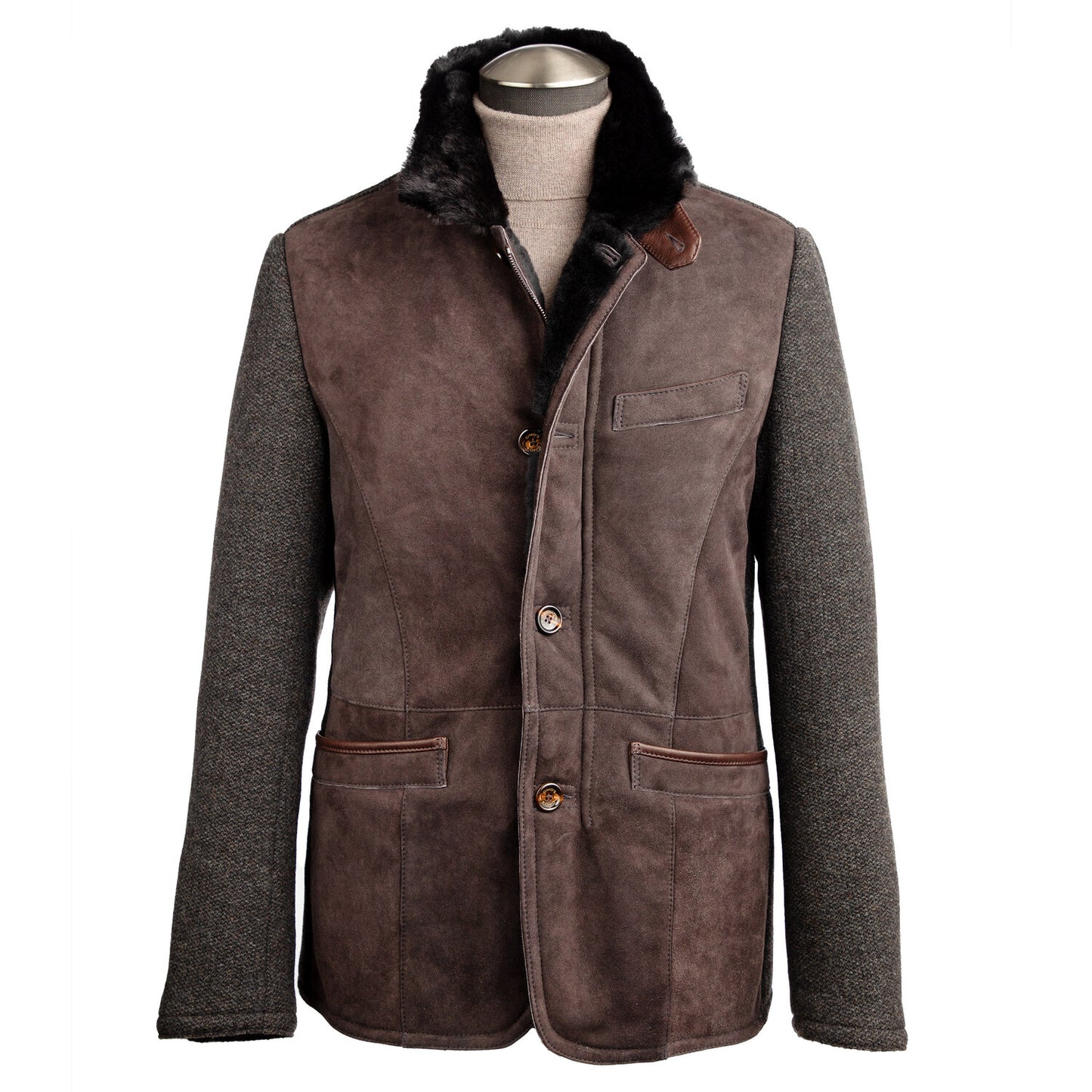Gimo's Shearling & Knit Car Coat in Espresso Brown/Grey