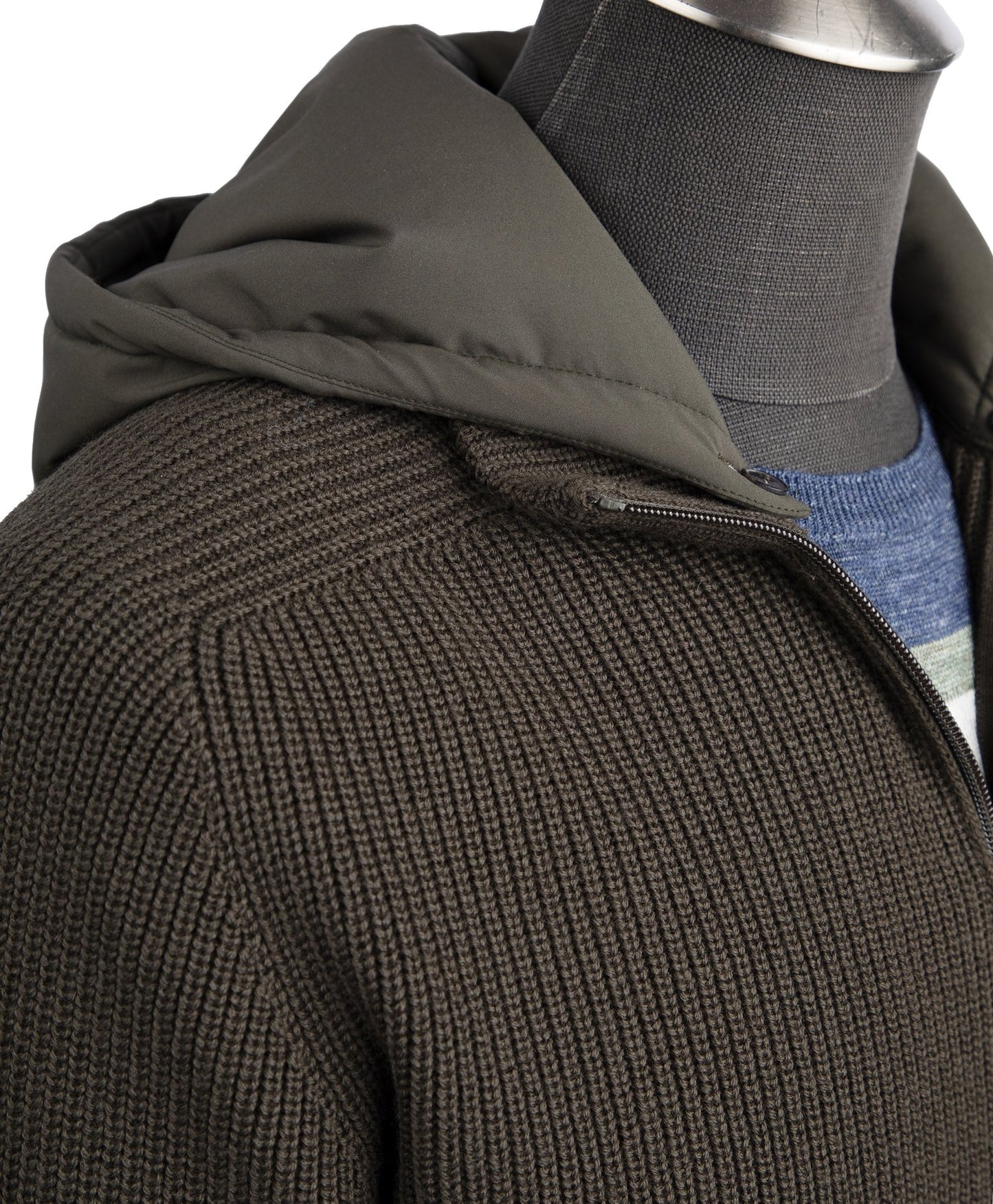 Gran Sasso Water-Resistant Wool Knit Sweater Jacket with Removable Hoodie in Olive