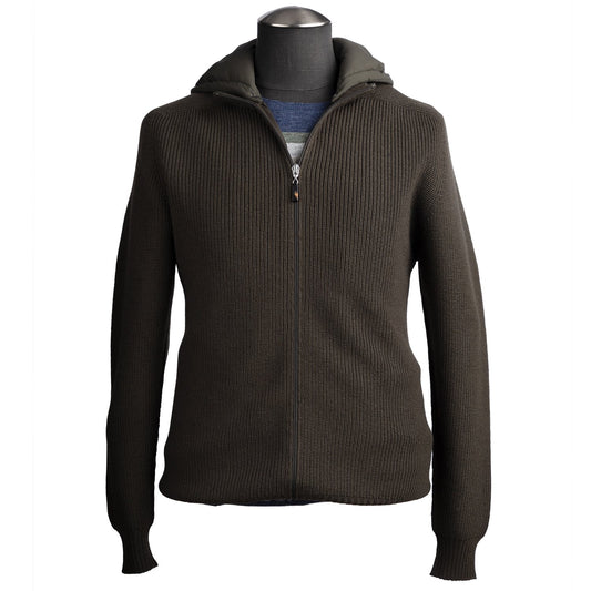 Gran Sasso Water-Resistant Wool Knit Sweater Jacket with Removable Hoodie in Olive