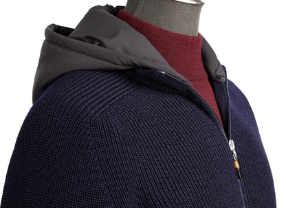 Gran Sasso Water-Resistant Wool Knit Sweater Jacket with Removable Hoodie in Navy