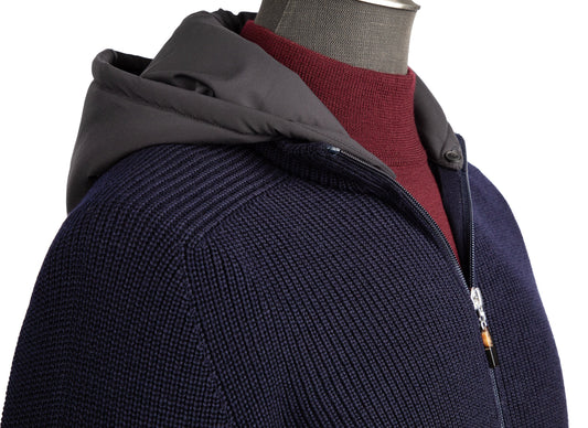 Gran Sasso Water-Resistant Wool Knit Sweater Jacket with Removable Hoodie in Navy Blue