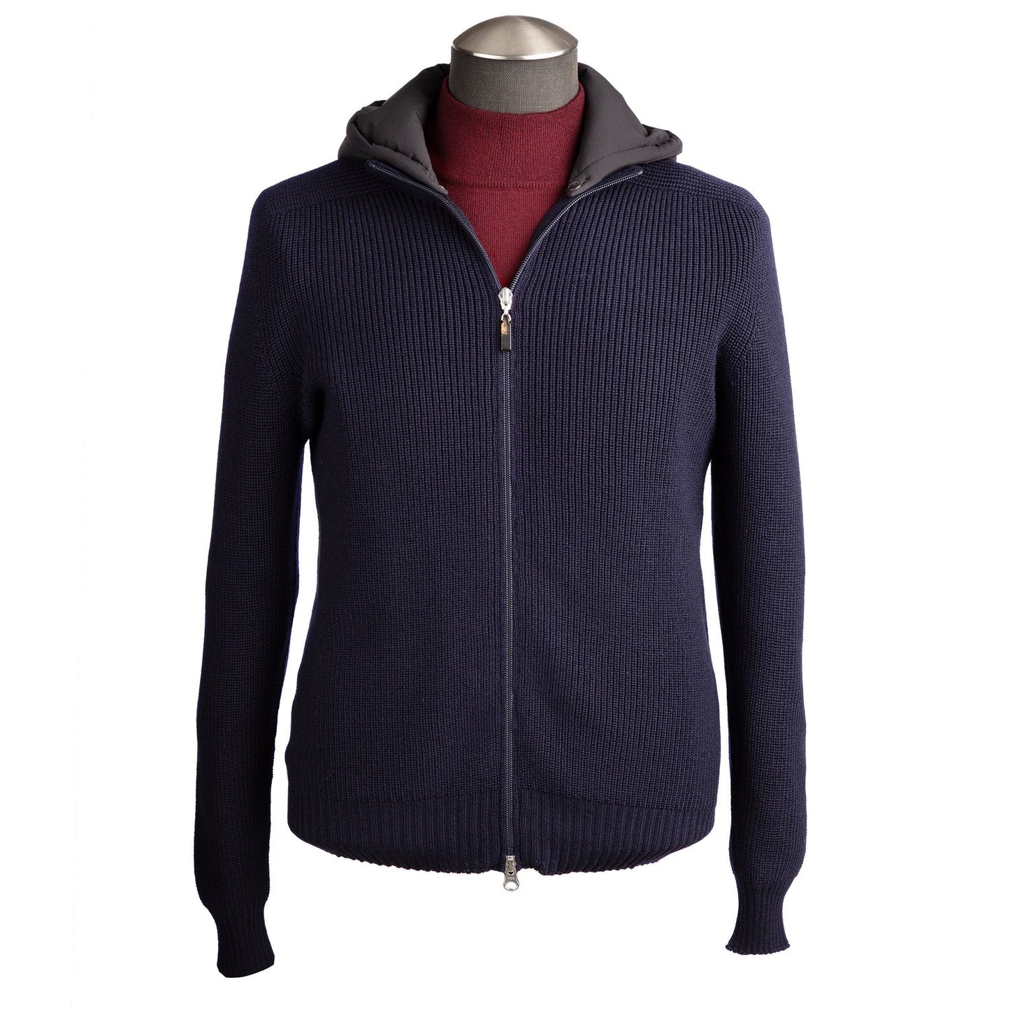 Gran Sasso Water-Resistant Wool Knit Sweater Jacket with Removable Hoodie in Navy Blue