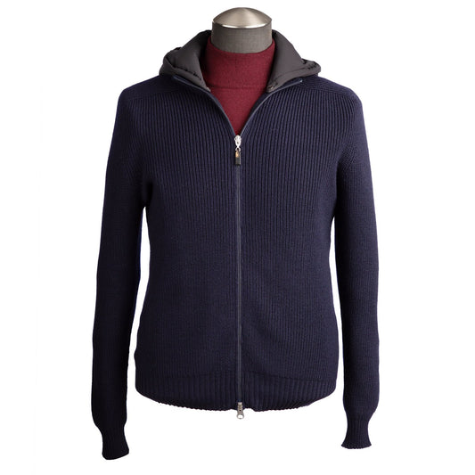 Gran Sasso Water-Resistant Wool Knit Sweater Jacket with Removable Hoodie in Navy