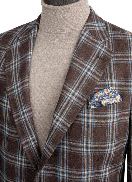 Uomo Sport Coat with Light Blue Plaid in Chocolate Brown
