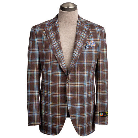 Uomo Sport Coat with Light Blue Plaid in Chocolate Brown