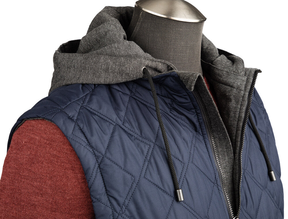 Waterville Water Repellent Quilted Nylon Vest with Detachable Hoodie in Navy