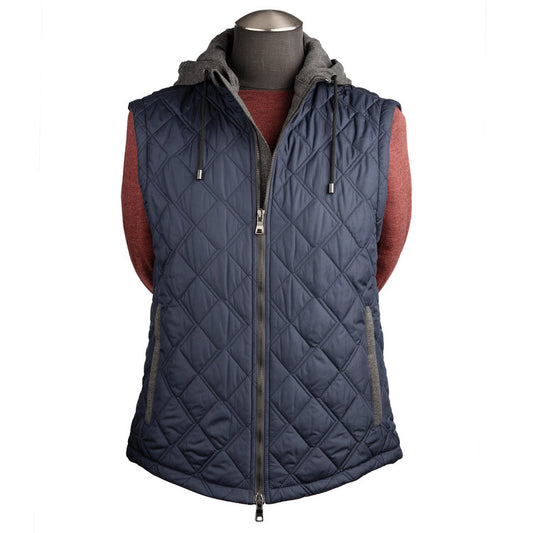 Waterville Water Repellent Quilted Nylon Vest with Detachable Hoodie in Navy