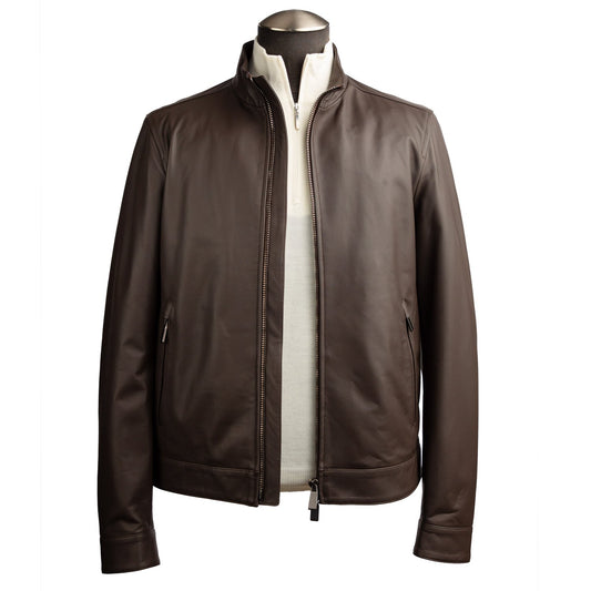 Canali Bomber Leather Jacket in Dark Brown