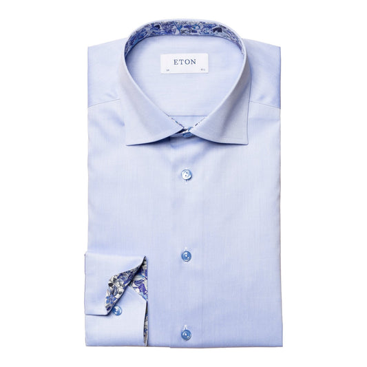 Eton Signature Twill Sport Shirt in Light Blue with Blue Floral Contrast Details