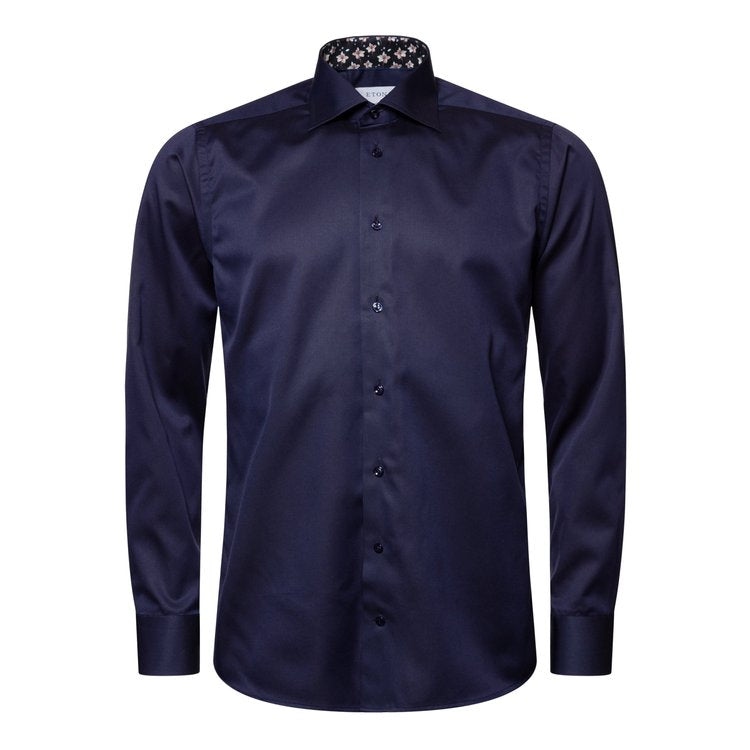 Eton Signature Twill Sport Shirt in Navy with Pink Floral Contrast Details