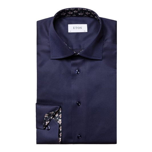 Eton Signature Twill Sport Shirt in Navy with Pink Floral Contrast Details