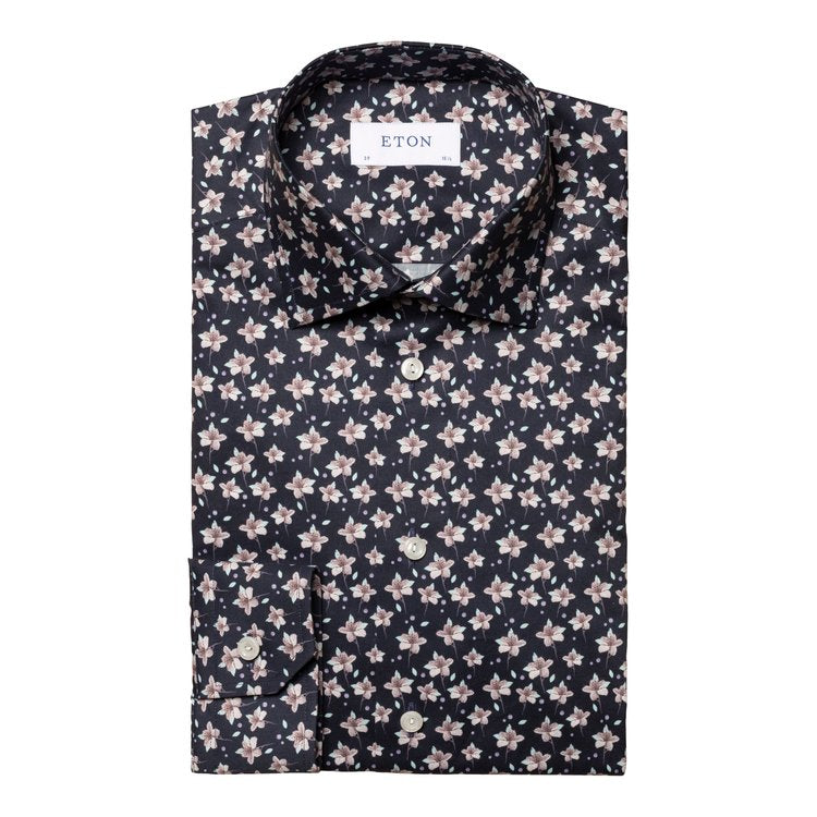 Eton Signature Twill Sport Shirt in Navy with Pink Floral Print