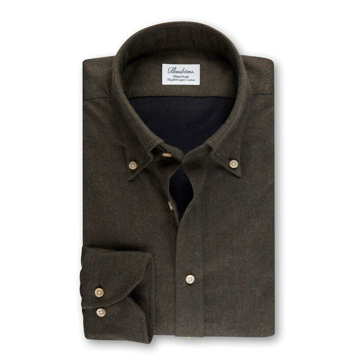 Stenströms Regular Fit Luxury Flannel Shirt in Olive