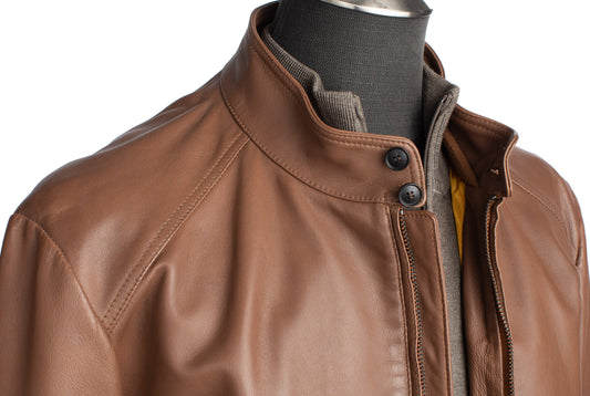 Gallotti Lightweight Leather Bomber Jacket in Cognac