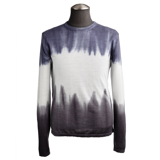 Uomo Lightweight Garment-Dyed Extra Fine Merino Wool Crew Neck Sweater in Blue and White