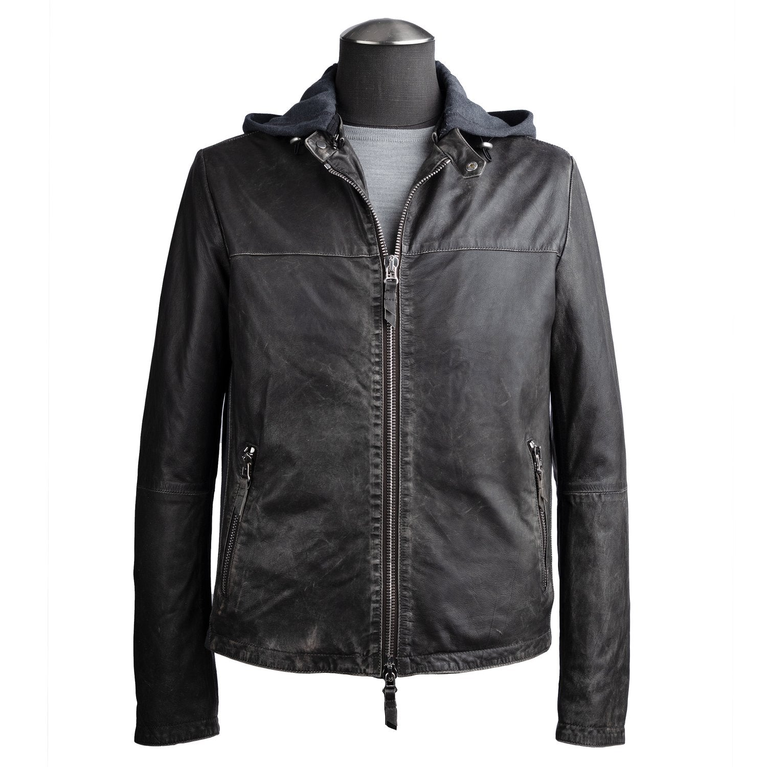 Gimo s Washed Leather Jacket in Charcoal Gray with Removable Hoodie